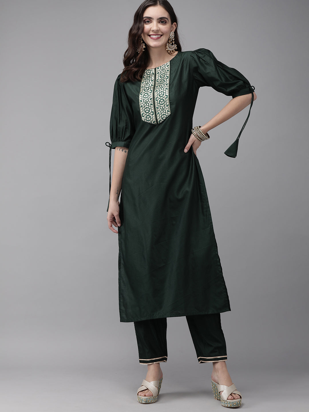 Indo Era Green Solid Straight Kurta Trouser Set