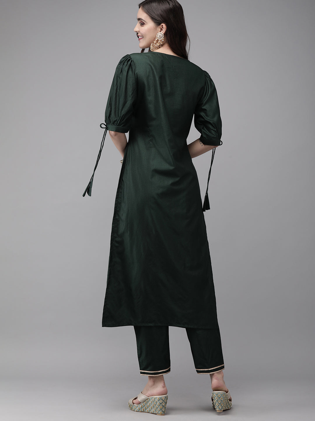 Indo Era Green Solid Straight Kurta Trouser Set