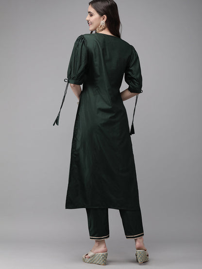 Indo Era Green Solid Straight Kurta Trouser Set