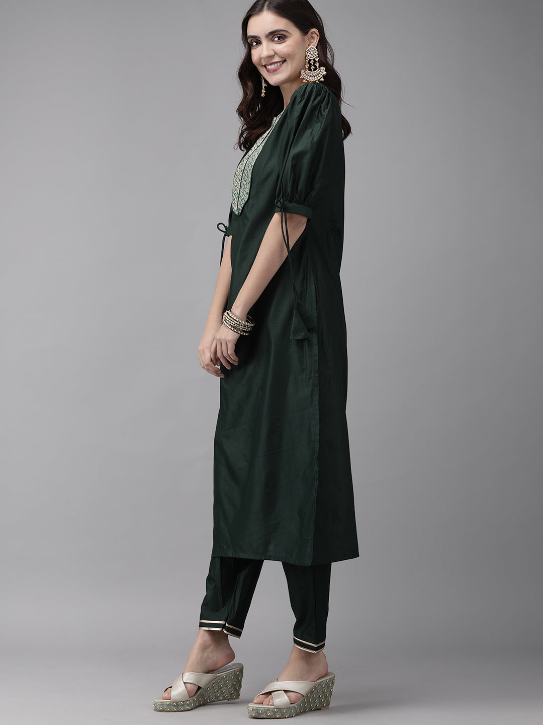 Indo Era Green Solid Straight Kurta Trouser Set