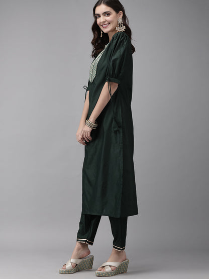 Indo Era Green Solid Straight Kurta Trouser Set