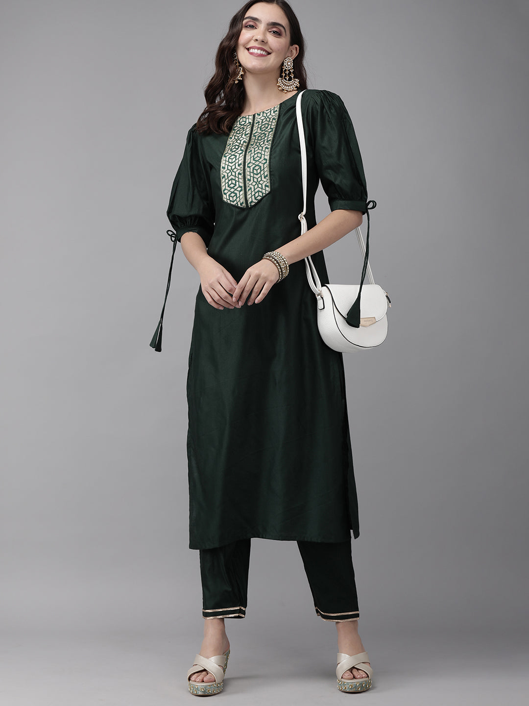 Indo Era Green Solid Straight Kurta Trouser Set