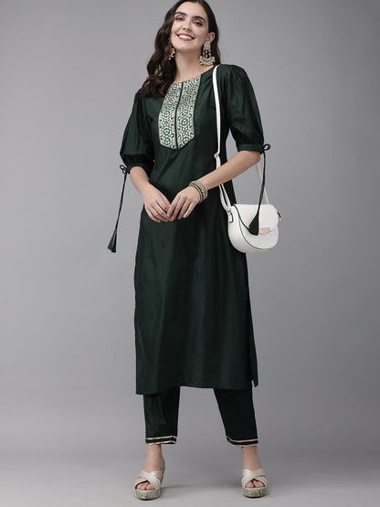 Indo Era Green Solid Straight Kurta Trouser Set