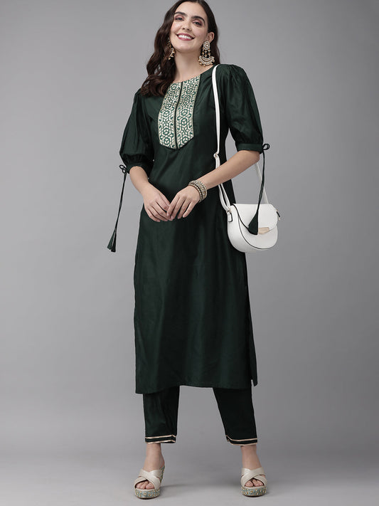 Indo Era Green Solid Straight Kurta Trouser Set