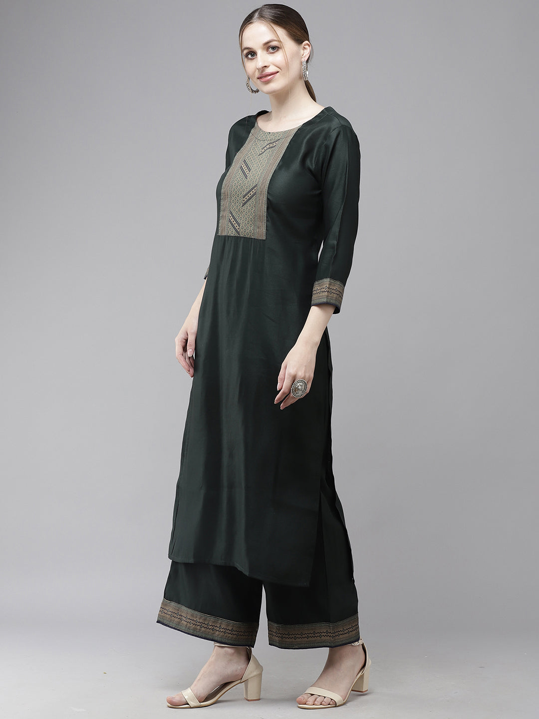 Indo Era Green Yoke Design Straight Kurta With Palazzo Set