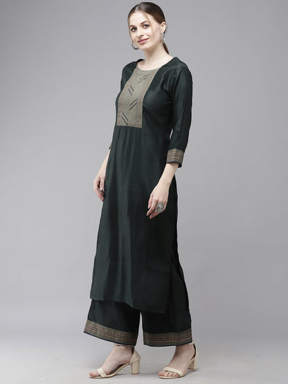 Indo Era Green Yoke Design Straight Kurta With Palazzo Set