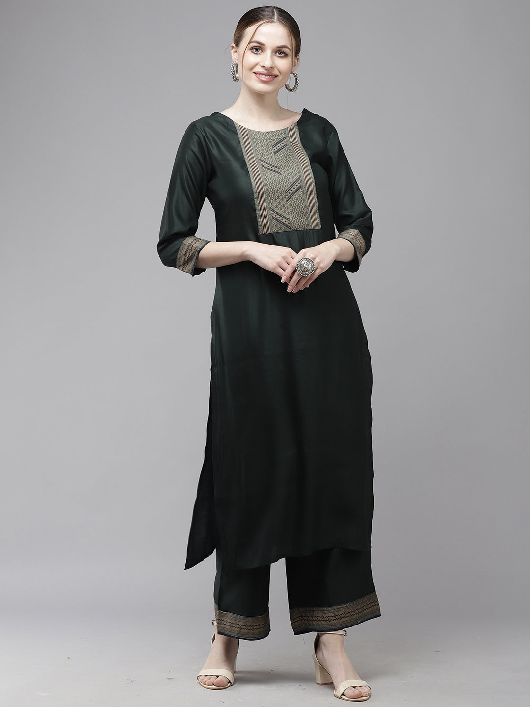 Indo Era Green Yoke Design Straight Kurta With Palazzo Set