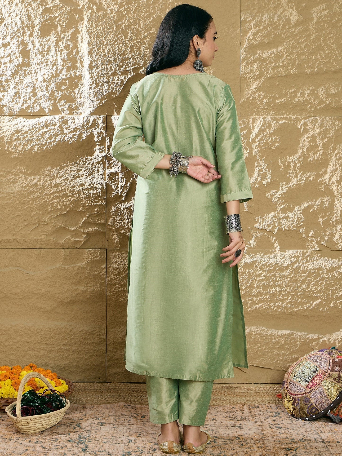 Indo Era Green Embroidered Straight Kurta Trousers set