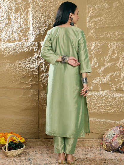 Indo Era Green Embroidered Straight Kurta Trousers set