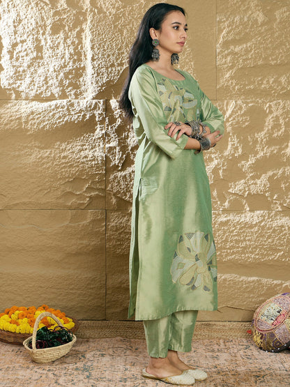 Indo Era Green Embroidered Straight Kurta Trousers set