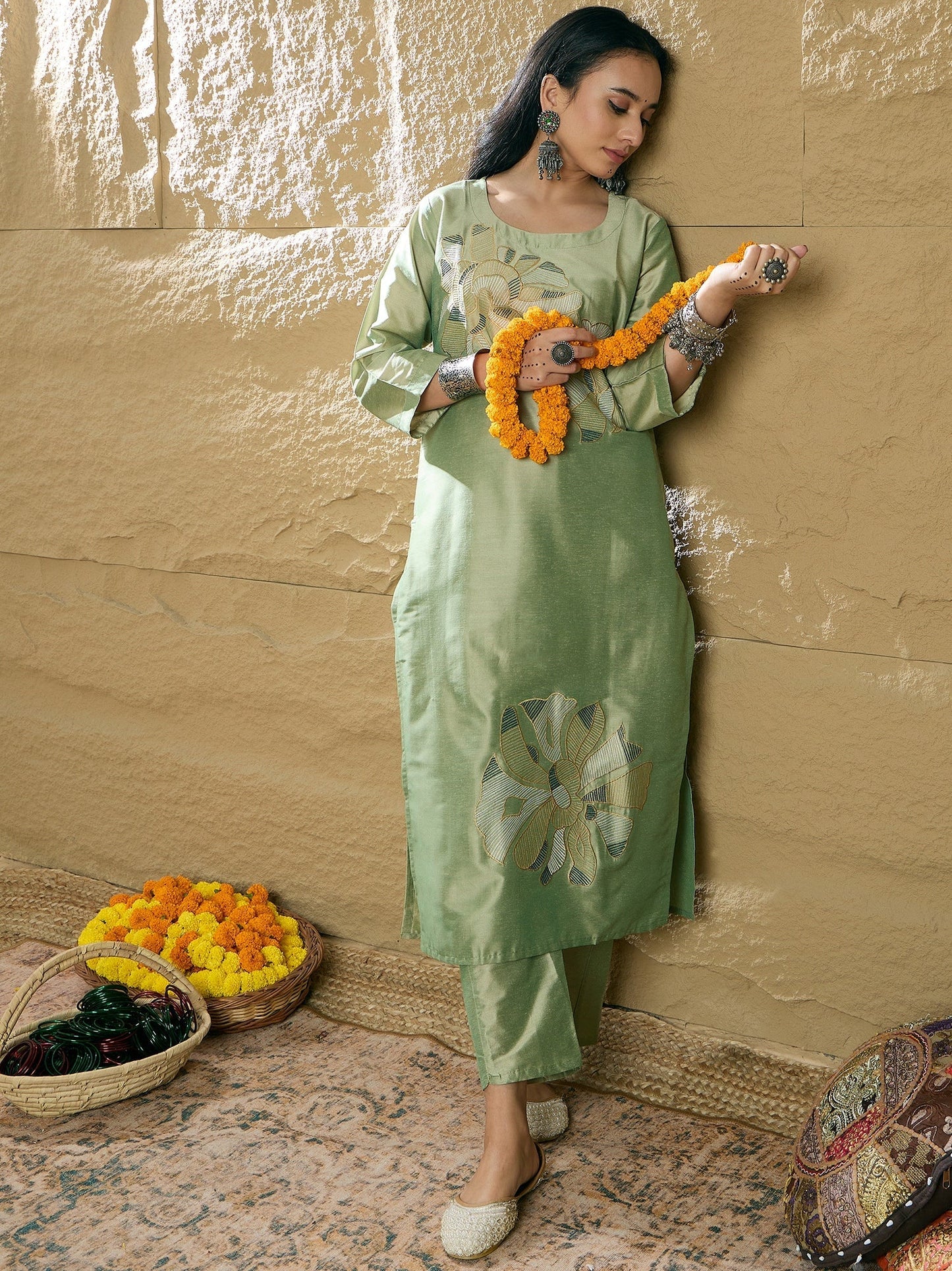 Indo Era Green Embroidered Straight Kurta Trousers set