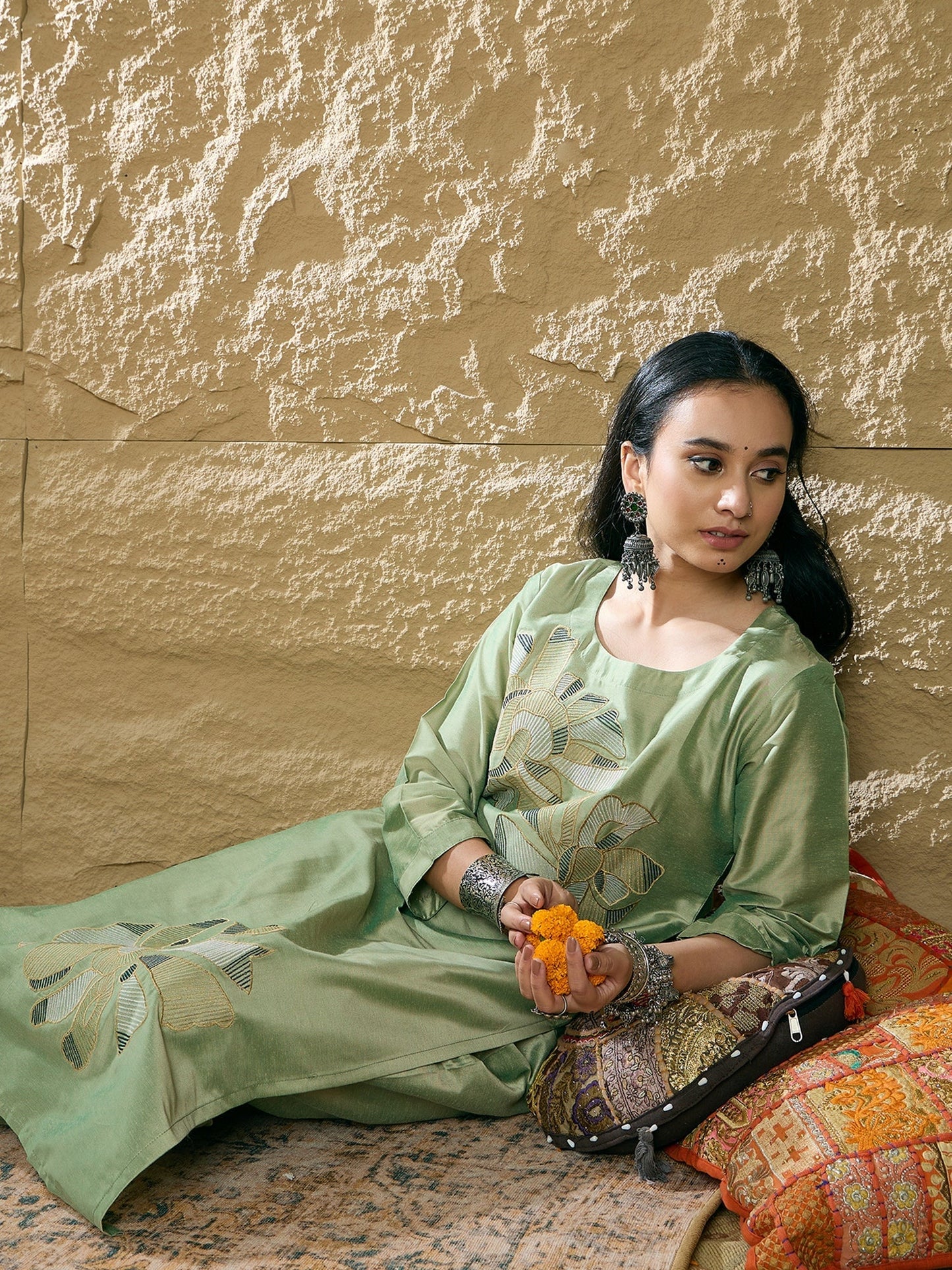 Indo Era Green Embroidered Straight Kurta Trousers set