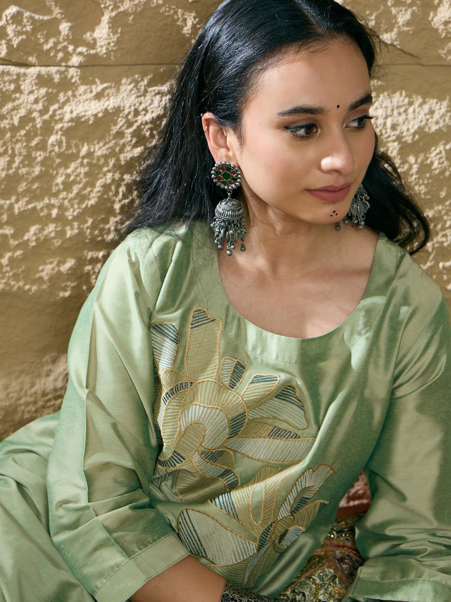 Indo Era Green Embroidered Straight Kurta Trousers set