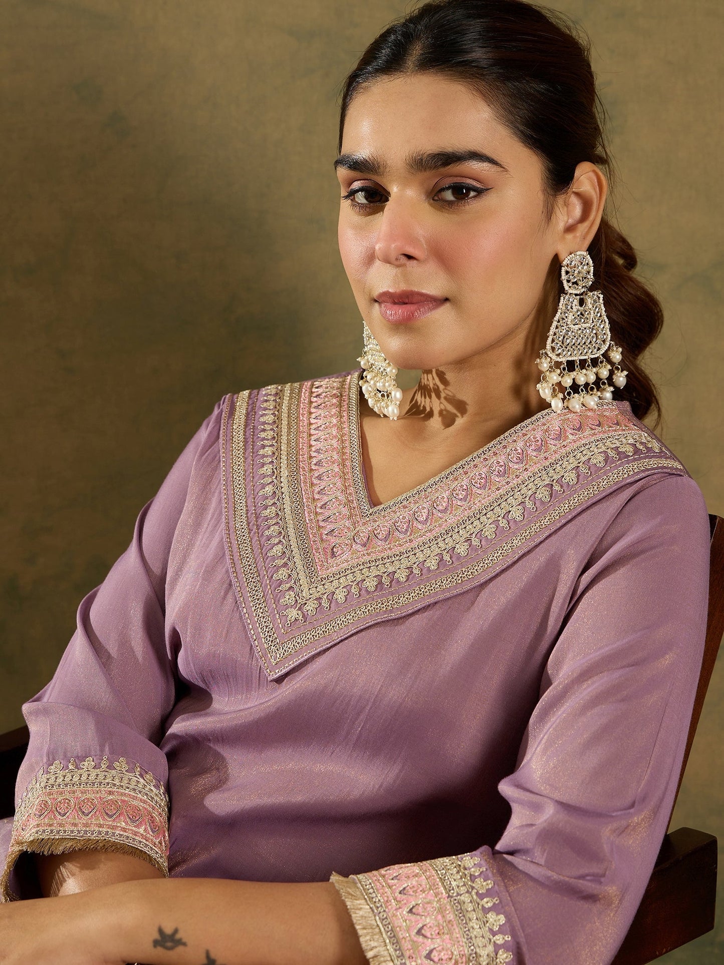 Indo Era Lavender Embroidered Straight Kurta Trousers Set