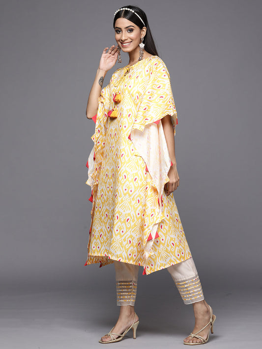 Indo Era Kesariya Yellow Printed Straight Kaftan with Trouser Set