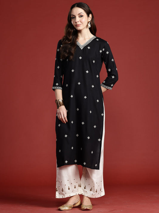 Indo Era Black Embroidered Straight Kurtas