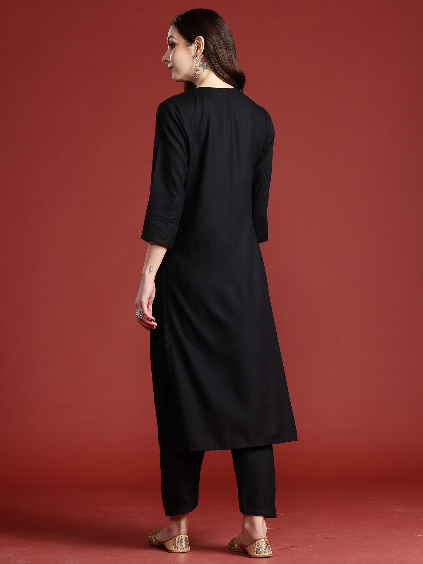 Indo Era Black Embroidered Straight Kurtas
