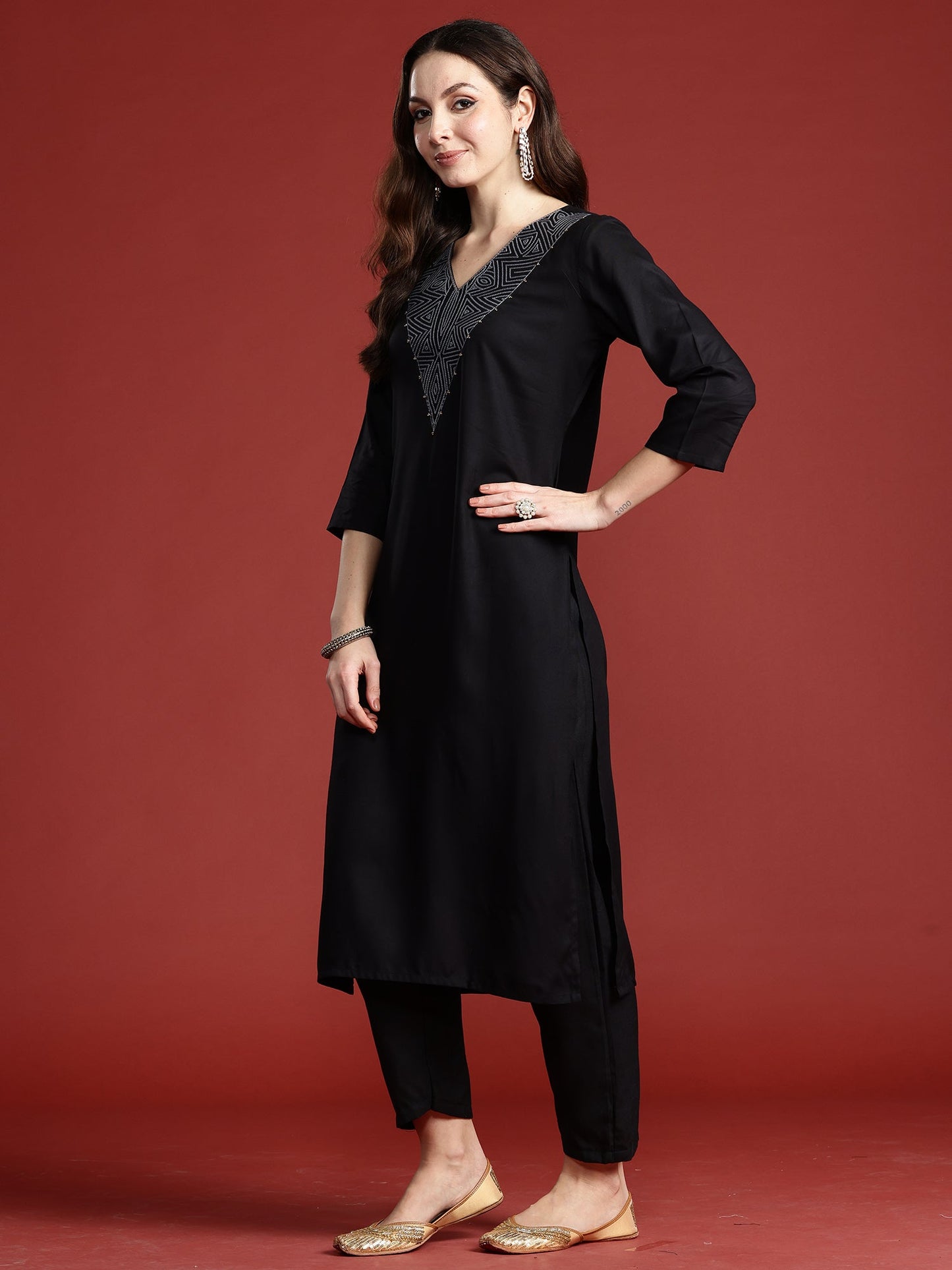Indo Era Black Embroidered Straight Kurtas