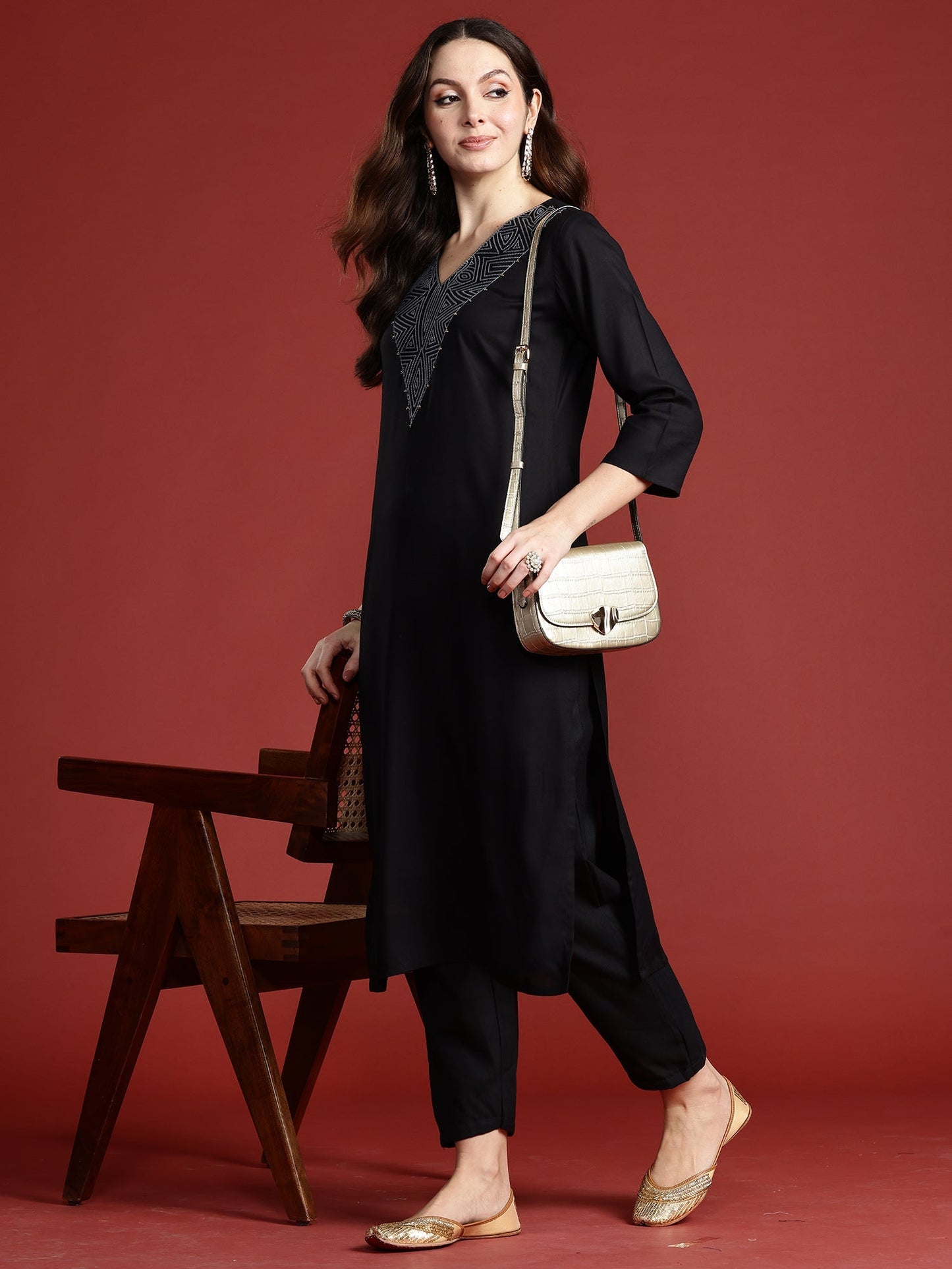 Indo Era Black Embroidered Straight Kurtas