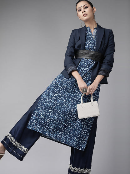 Indo Era Navy Blue Ethnic Motifs Printed Indigo Straight Kurta