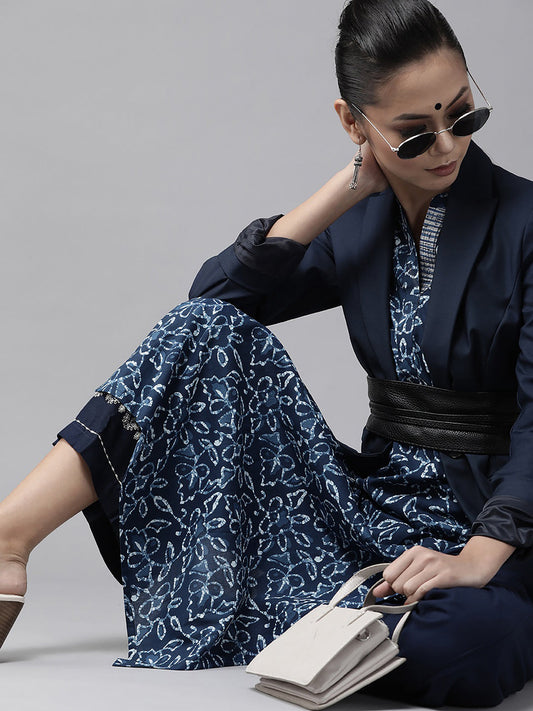 Indo Era Navy Blue Ethnic Motifs Printed Indigo Straight Kurta