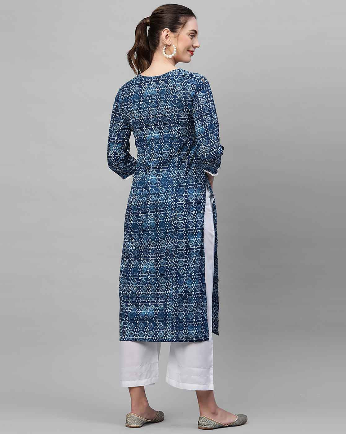 Indo Era Blue Printed Straight Kurta