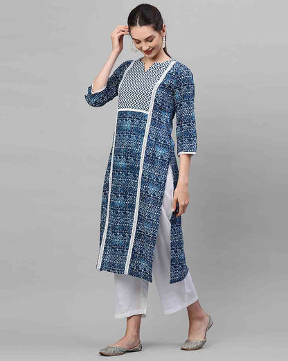Indo Era Blue Printed Straight Kurta