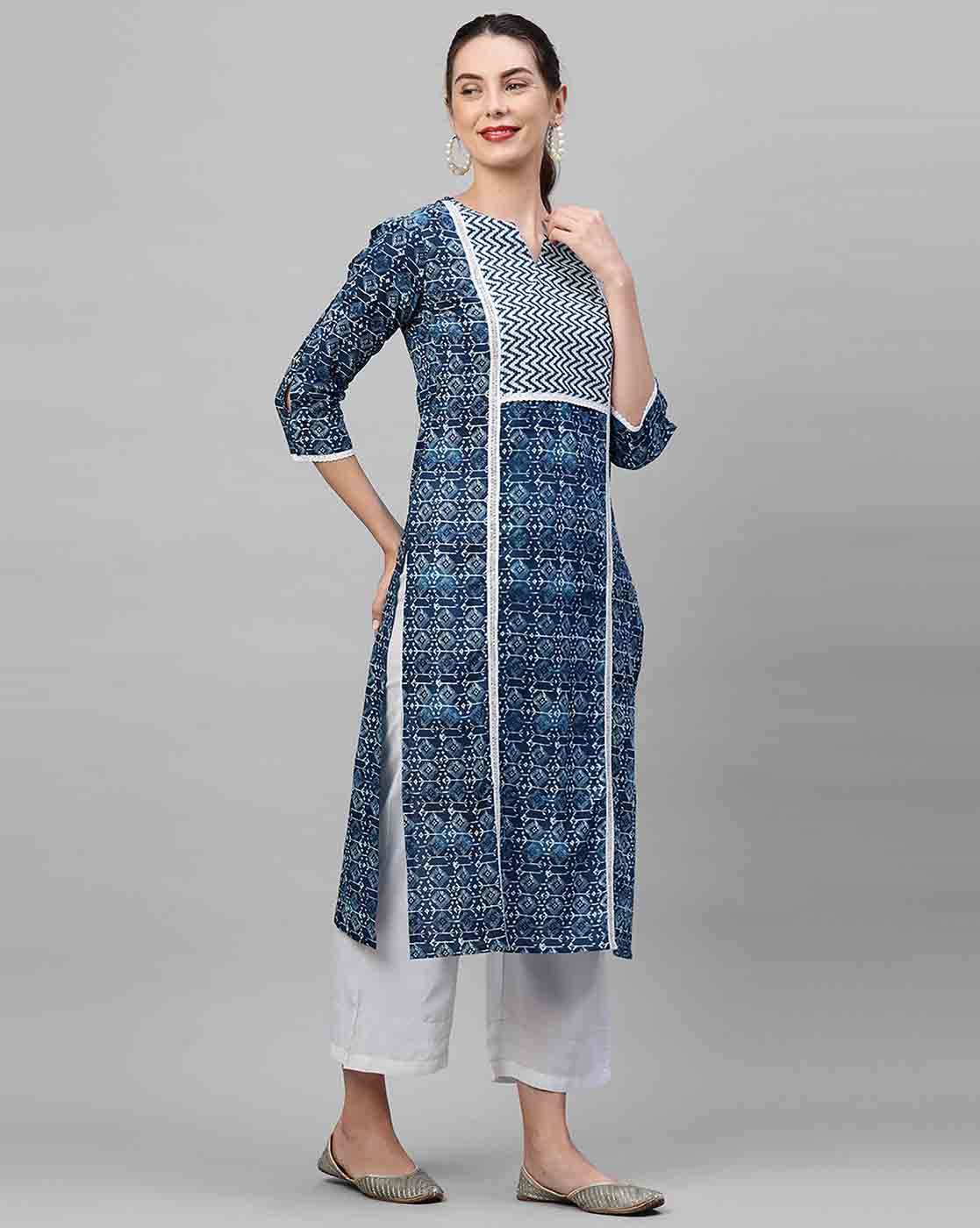 Indo Era Blue Printed Straight Kurta