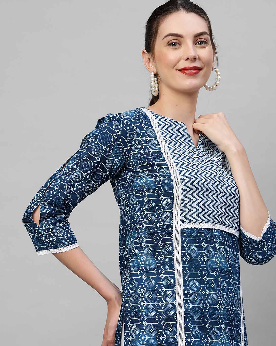 Indo Era Blue Printed Straight Kurta