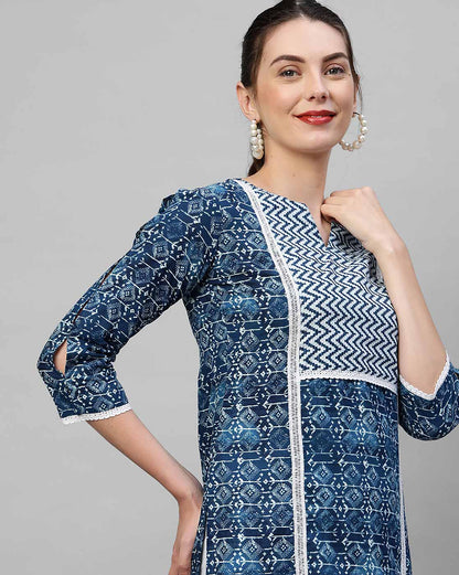 Indo Era Blue Printed Straight Kurta