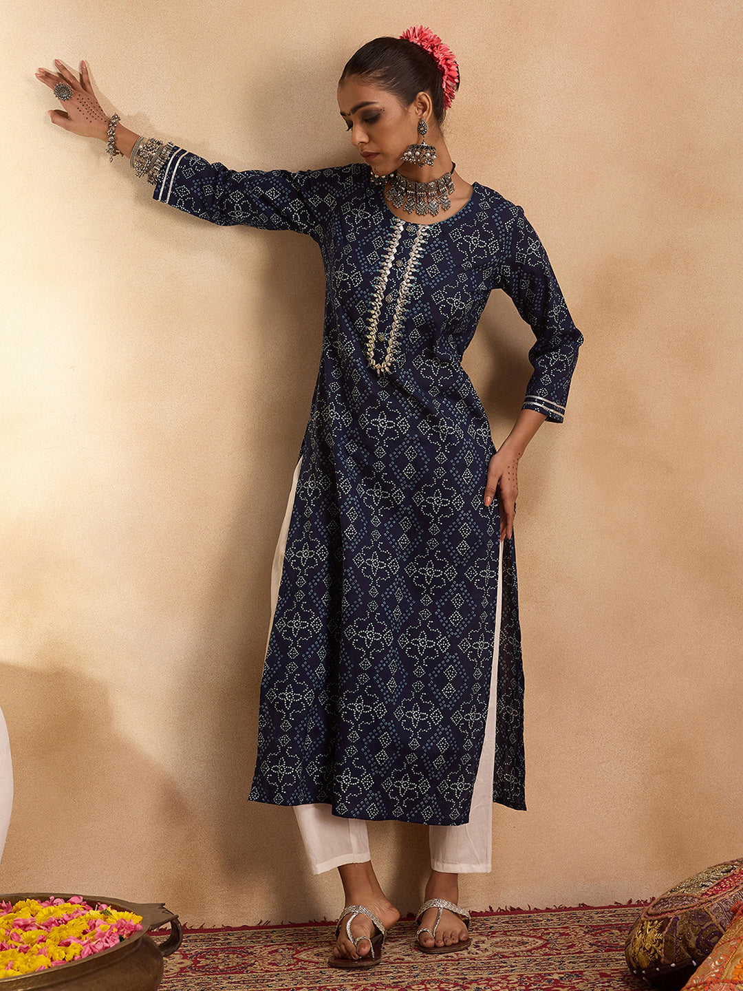 Indo Era Blue Printed Straight Kurtas