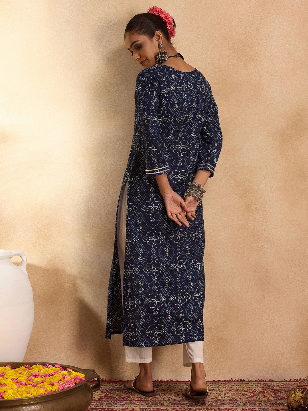 Indo Era Blue Printed Straight Kurtas