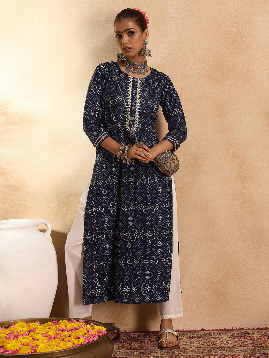 Indo Era Blue Printed Straight Kurtas