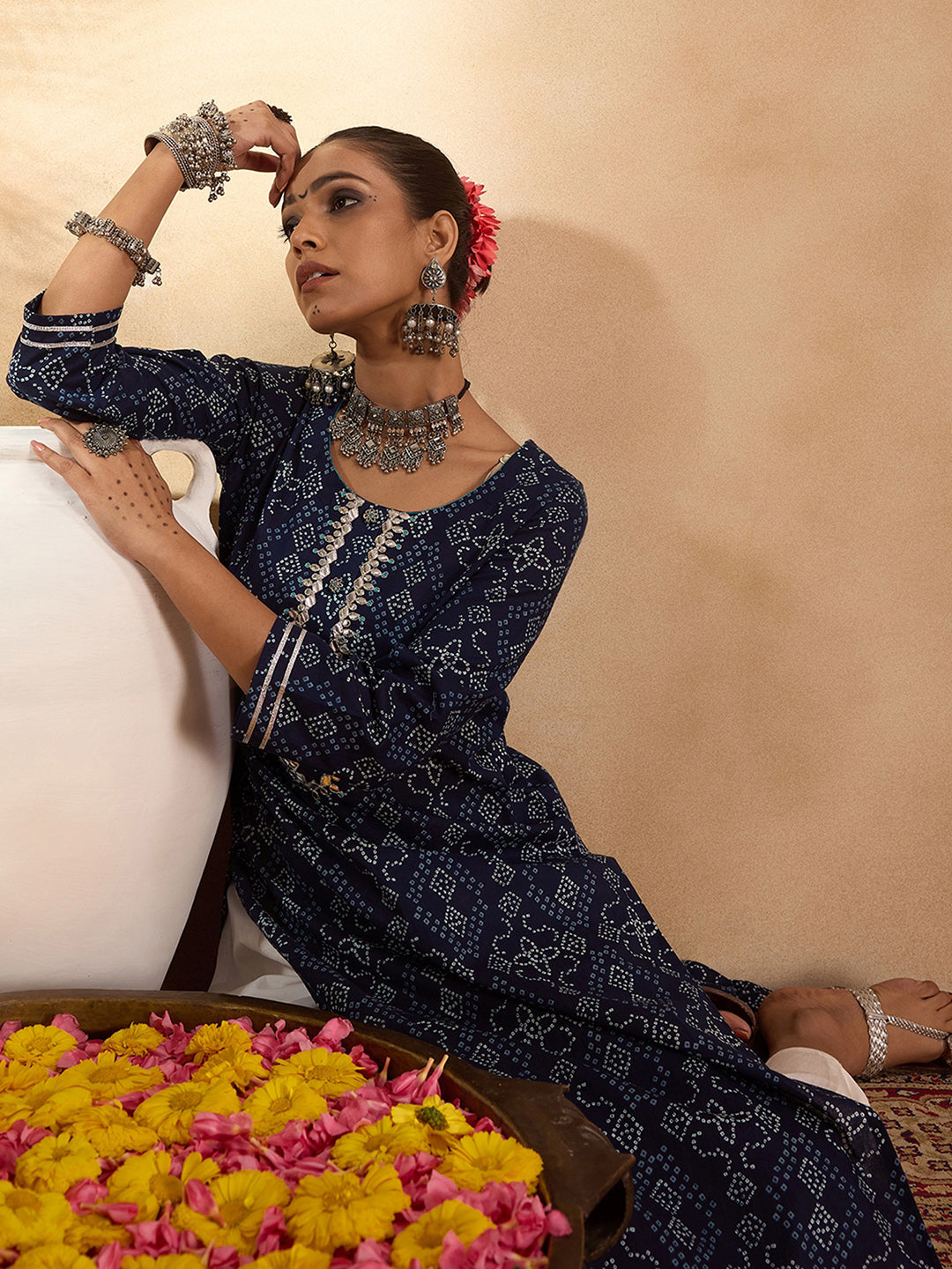 Indo Era Blue Printed Straight Kurtas