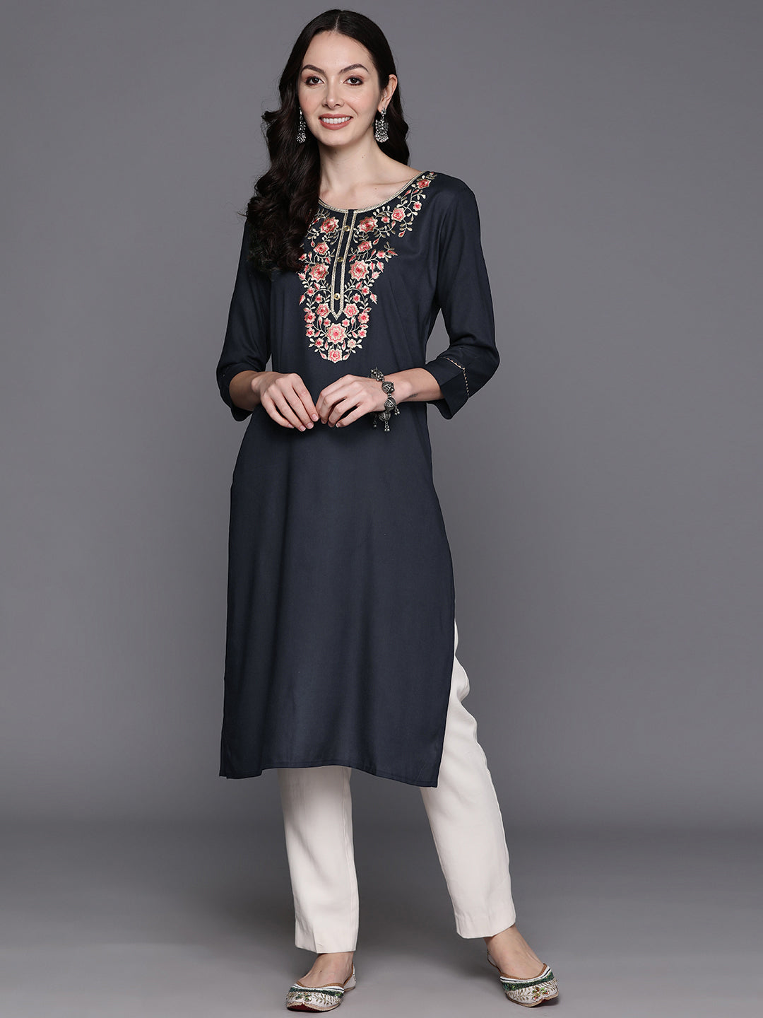 Indo Era Blue Floral Embroidered Thread Work Kurta