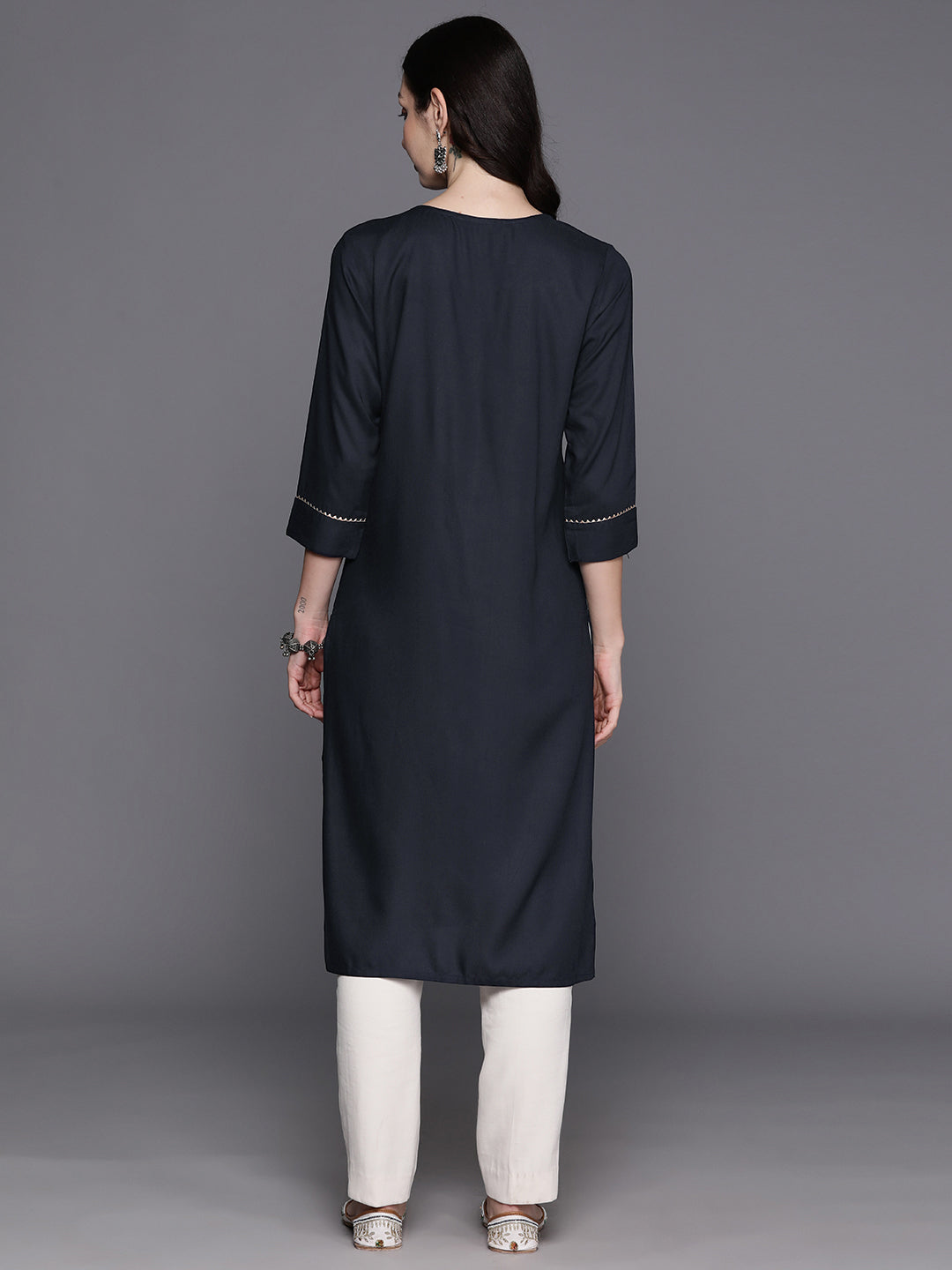 Indo Era Blue Floral Embroidered Thread Work Kurta