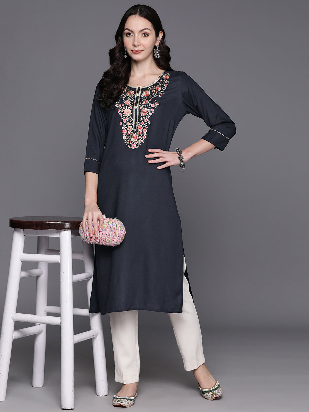 Indo Era Blue Floral Embroidered Thread Work Kurta