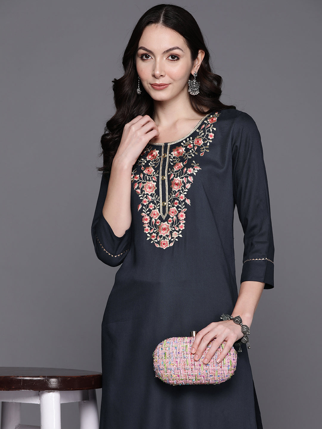 Indo Era Blue Floral Embroidered Thread Work Kurta