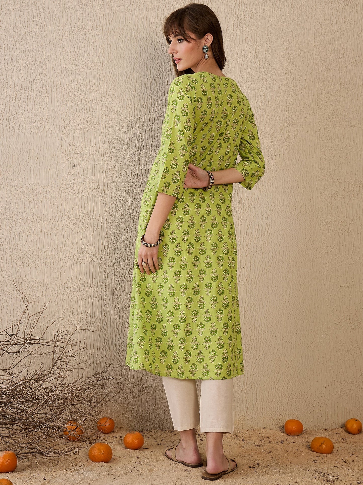 Indo Era Green Printed A-Line Kurtas