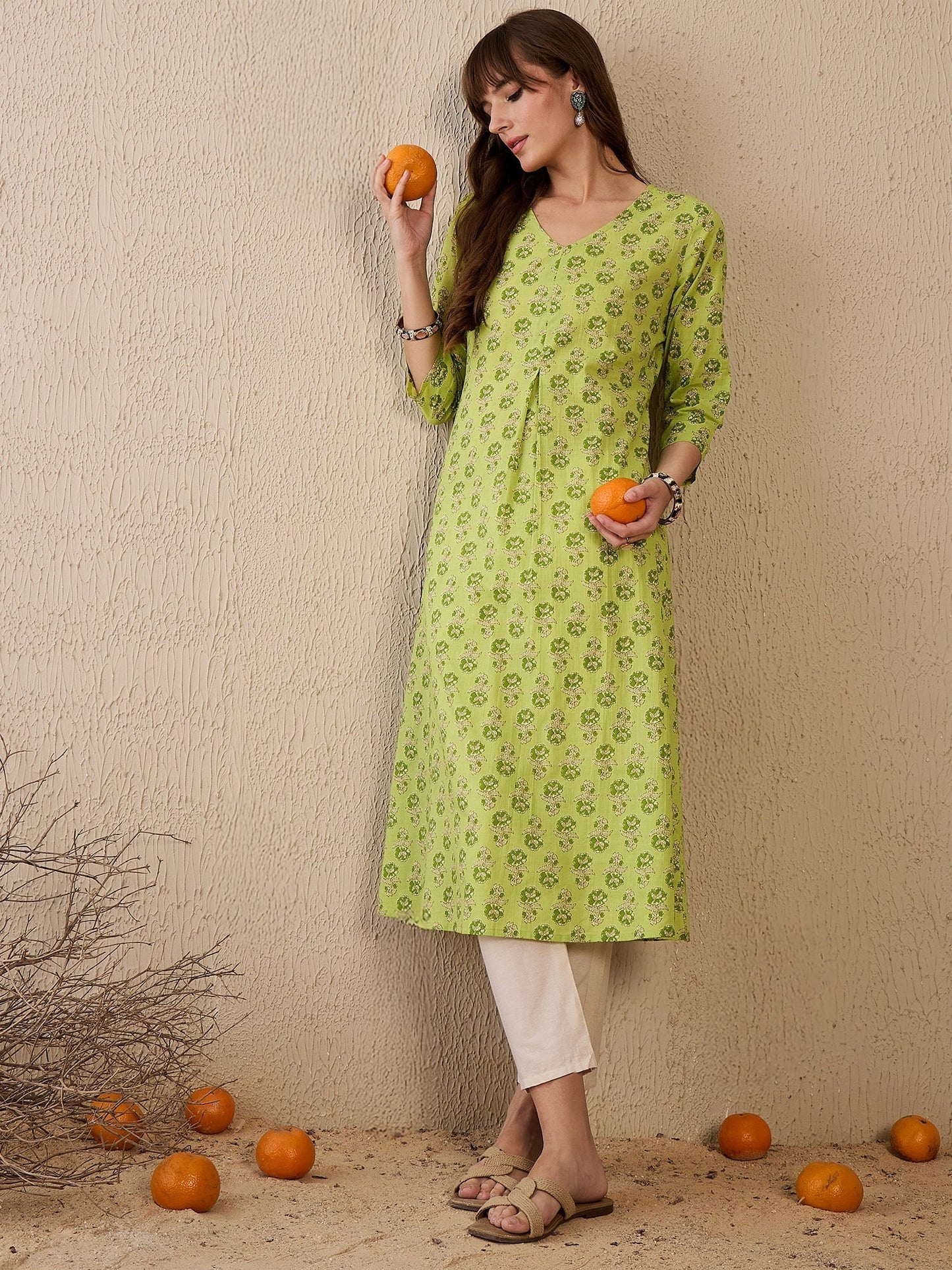 Indo Era Green Printed A-Line Kurtas