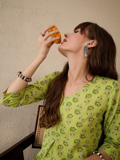 Indo Era Green Printed A-Line Kurtas
