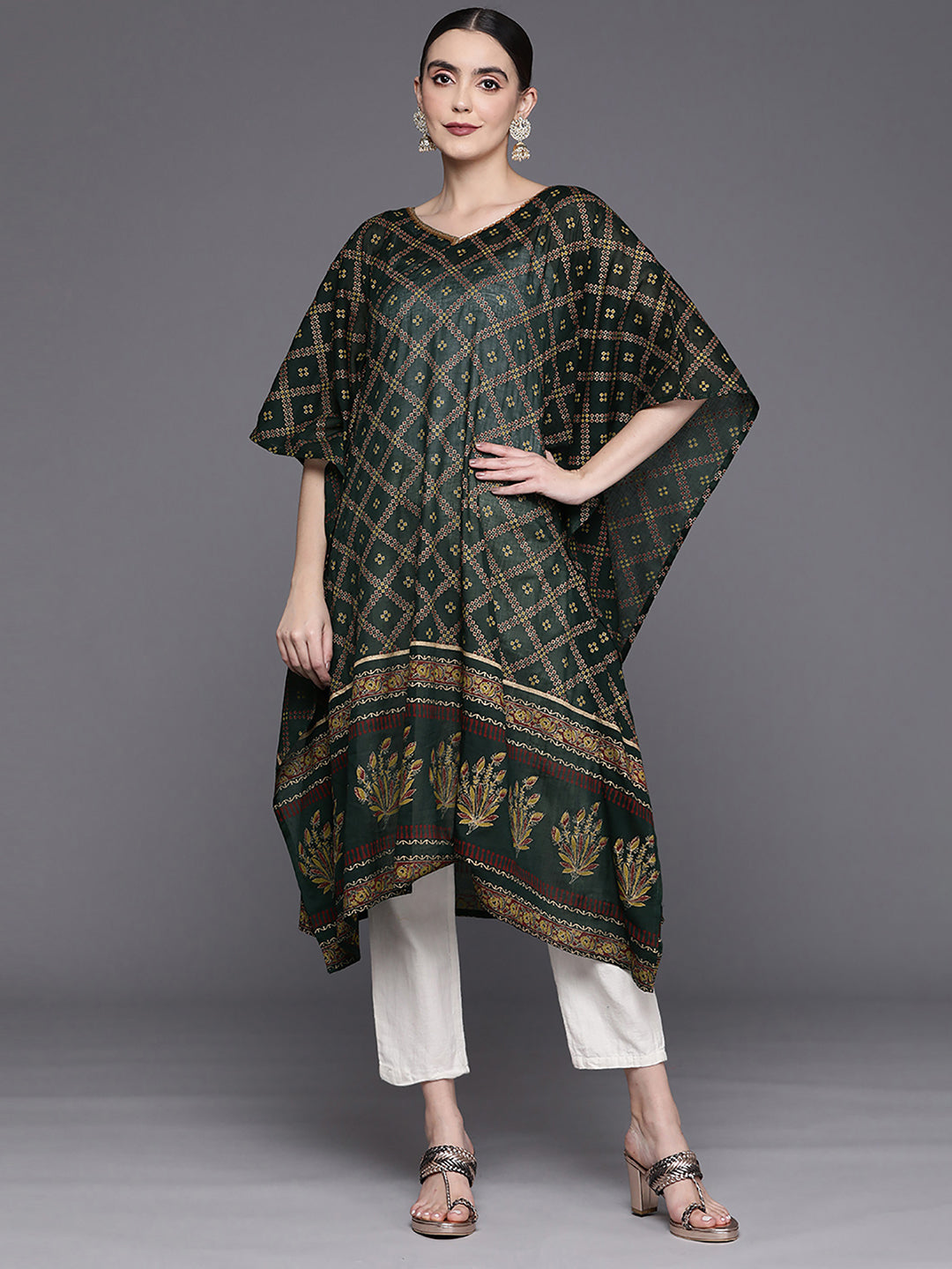 Indo Era Green Printed Straight Kaftan