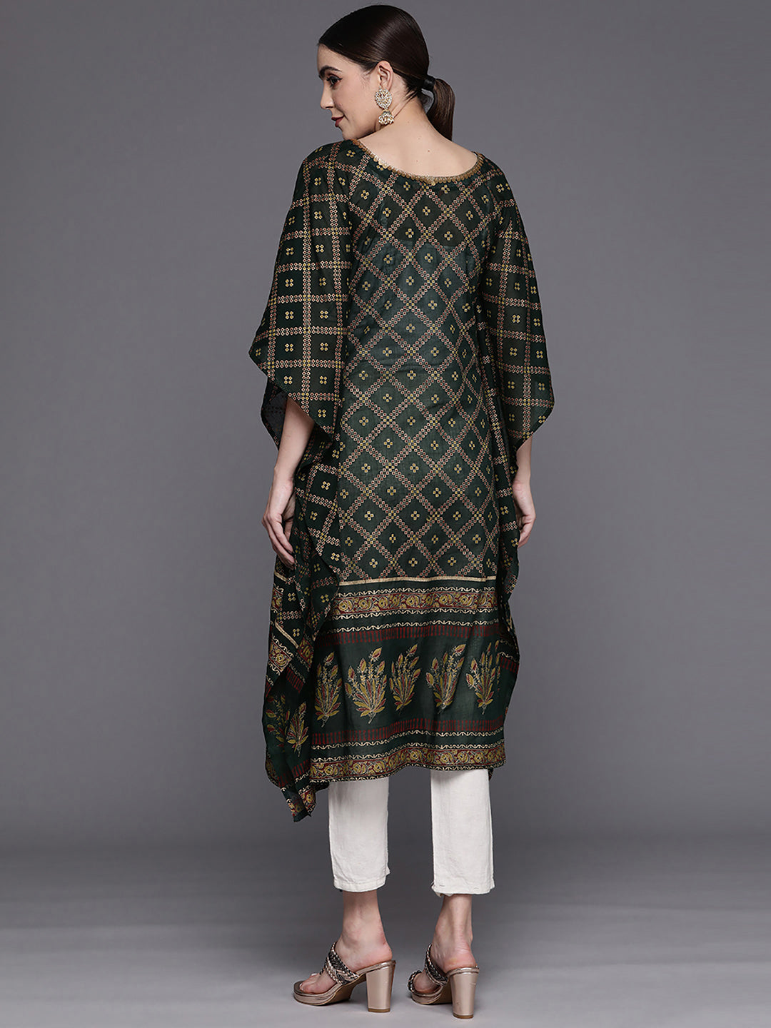 Indo Era Green Printed Straight Kaftan