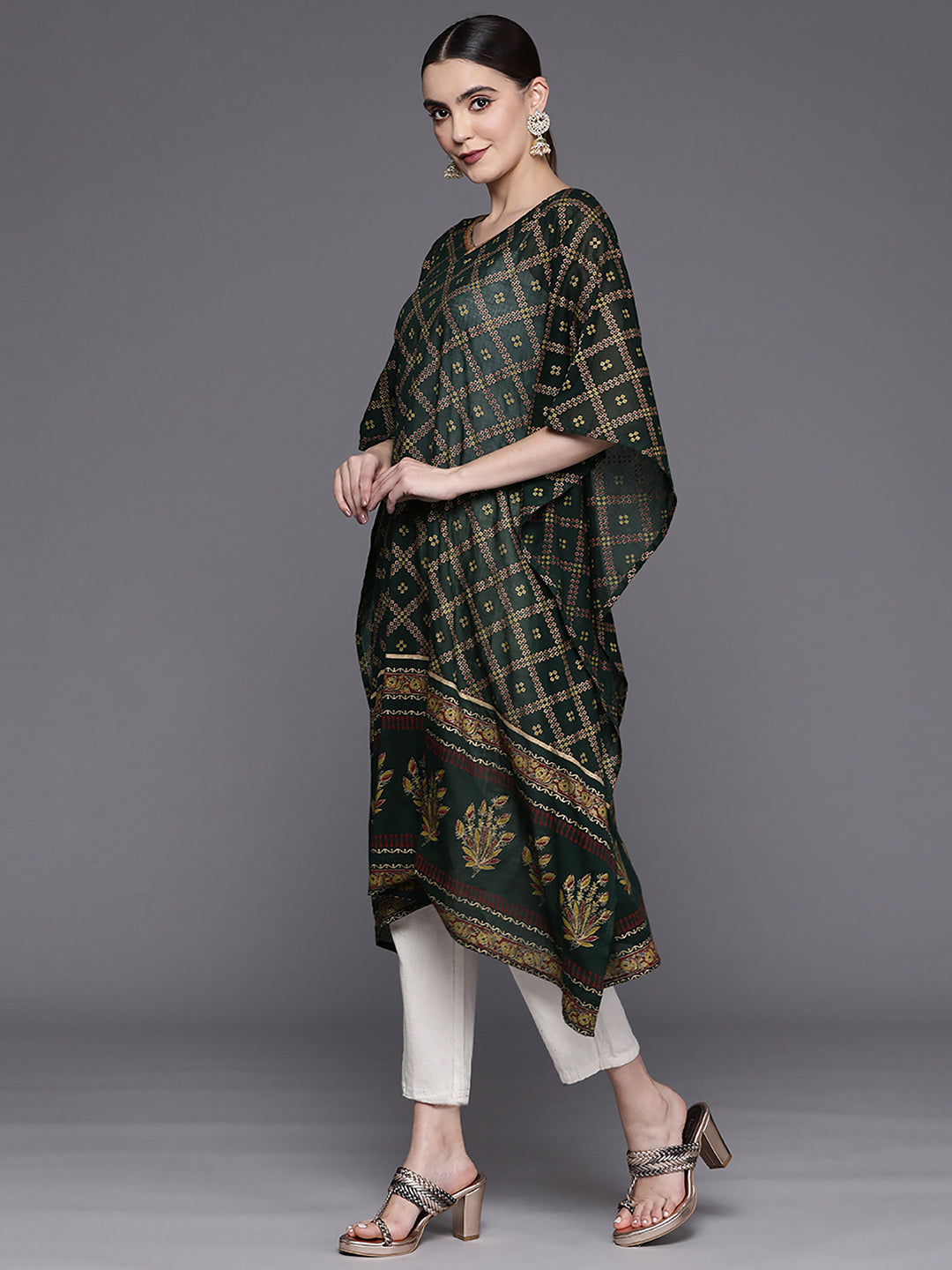 Indo Era Green Printed Straight Kaftan