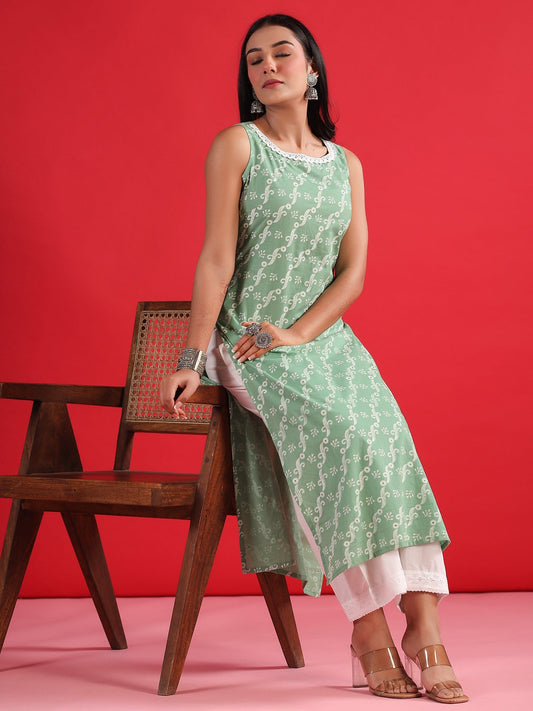 Indo Era Green Printed Straight Kurtas