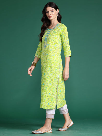 Indo Era Green Printed Straight Kurtas