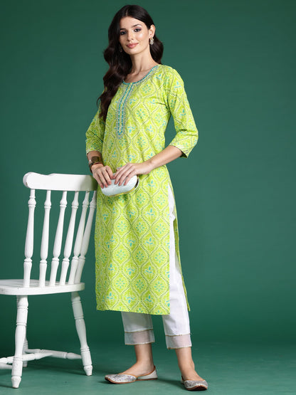 Indo Era Green Printed Straight Kurtas