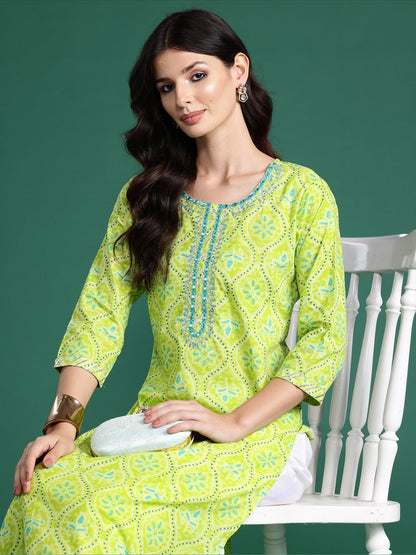Indo Era Green Printed Straight Kurtas
