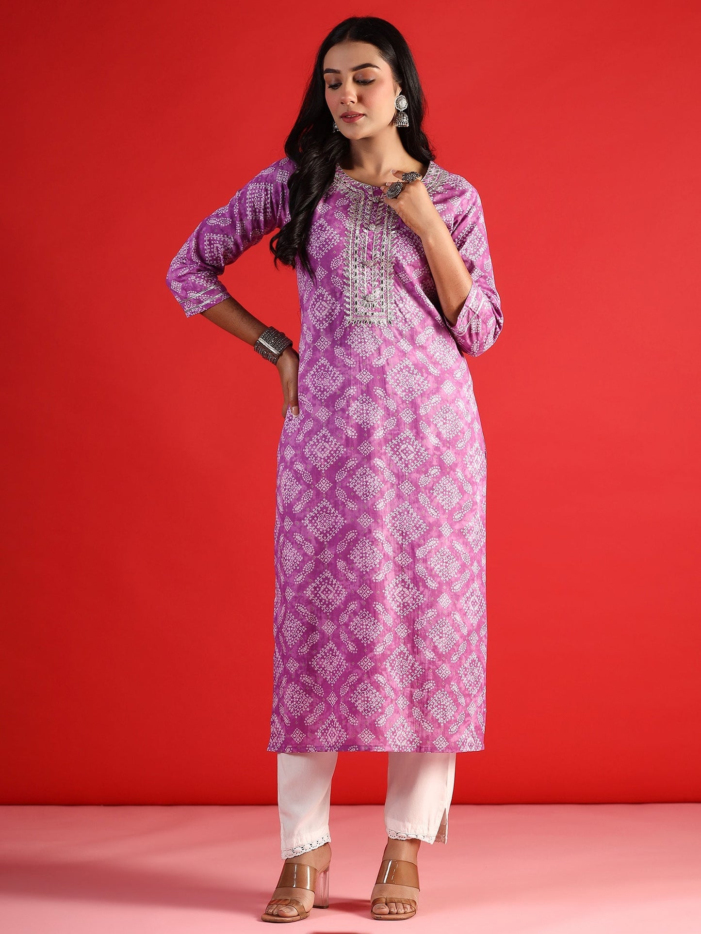 Indo Era Lavender Printed Straight Kurtas
