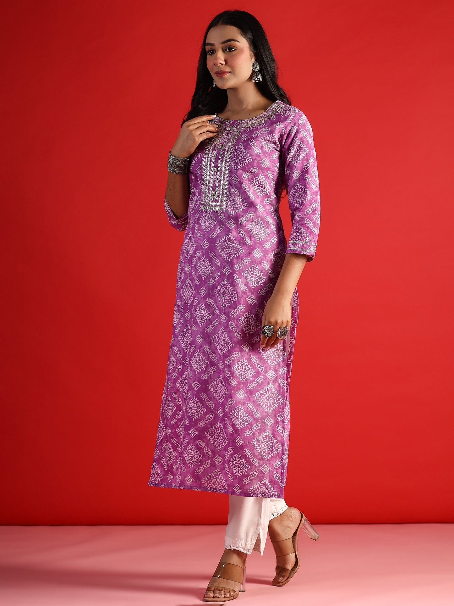 Indo Era Lavender Printed Straight Kurtas